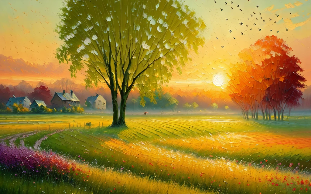 oil drybrush painting of a cozy green field in the sunrise, glistening dew, vivid colors, birds, warm