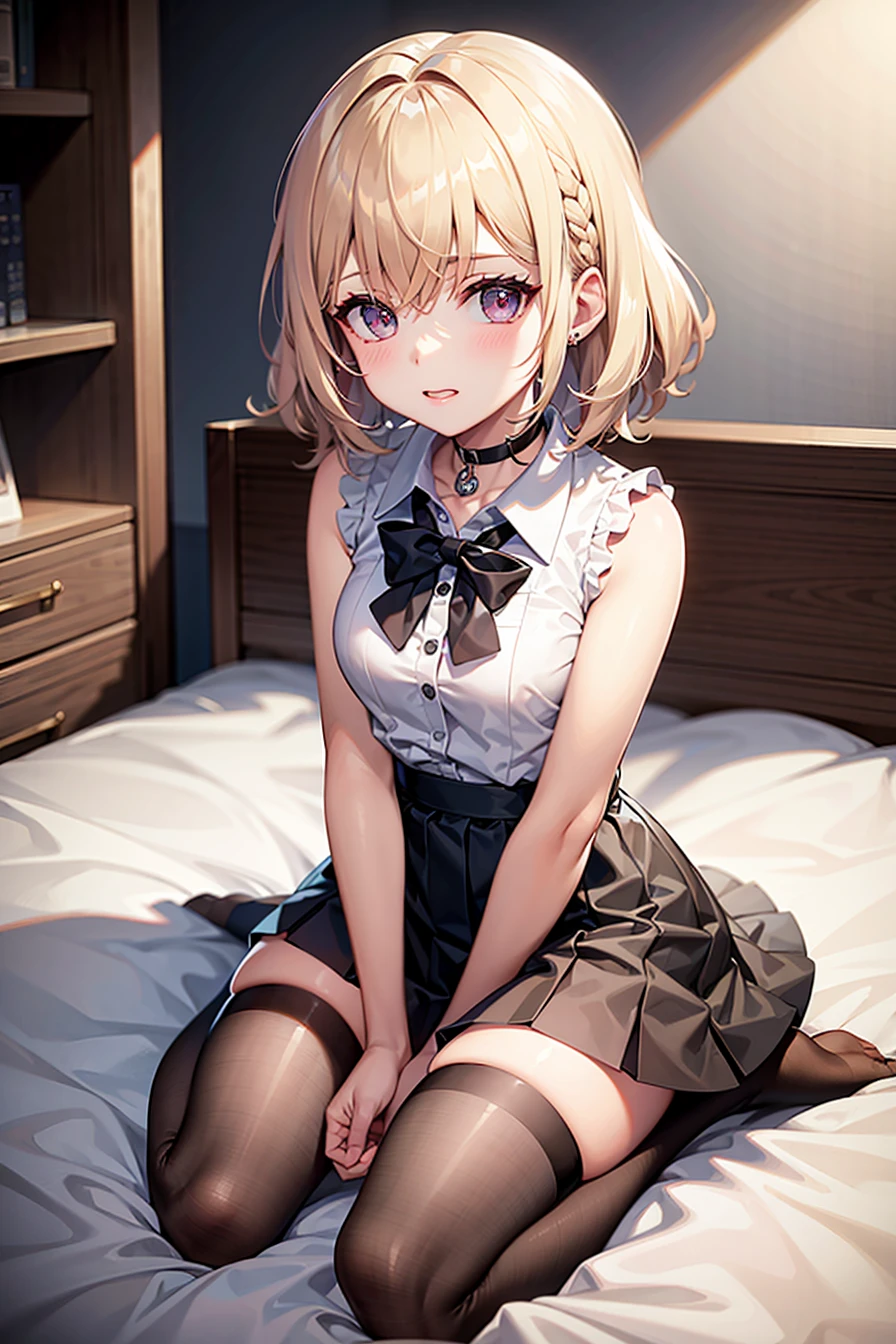 best quality, ultra high res, 1girl, sleeveless white button shirt, black skirt, black choker, cute, (Kpop idol), (aegyo sal:1), (platinum blonde hair:1), ((puffy eyes)), looking at viewer, full body, facing front