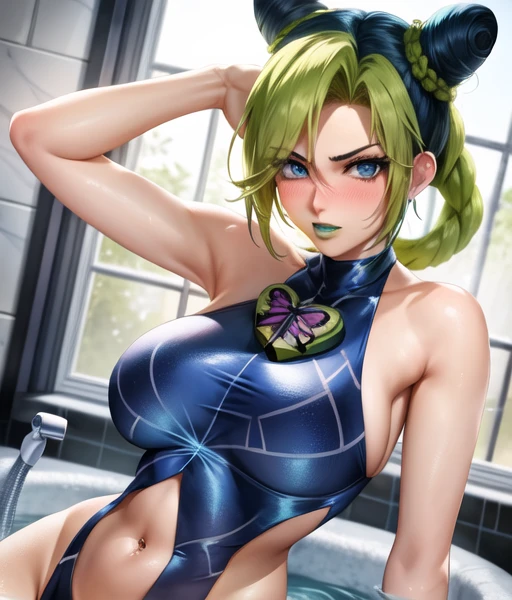((solo)) ((blue eyes, bright eyes)), blushing, anime art, 1girl, jolynejojo, halfbody, digital art, masterpiece, green and blue hair, <lora:jolynejojo-000004:1.1> <lora:sakimiChanLora_v10:0.4> sakistyle , large breasts, bubblebath