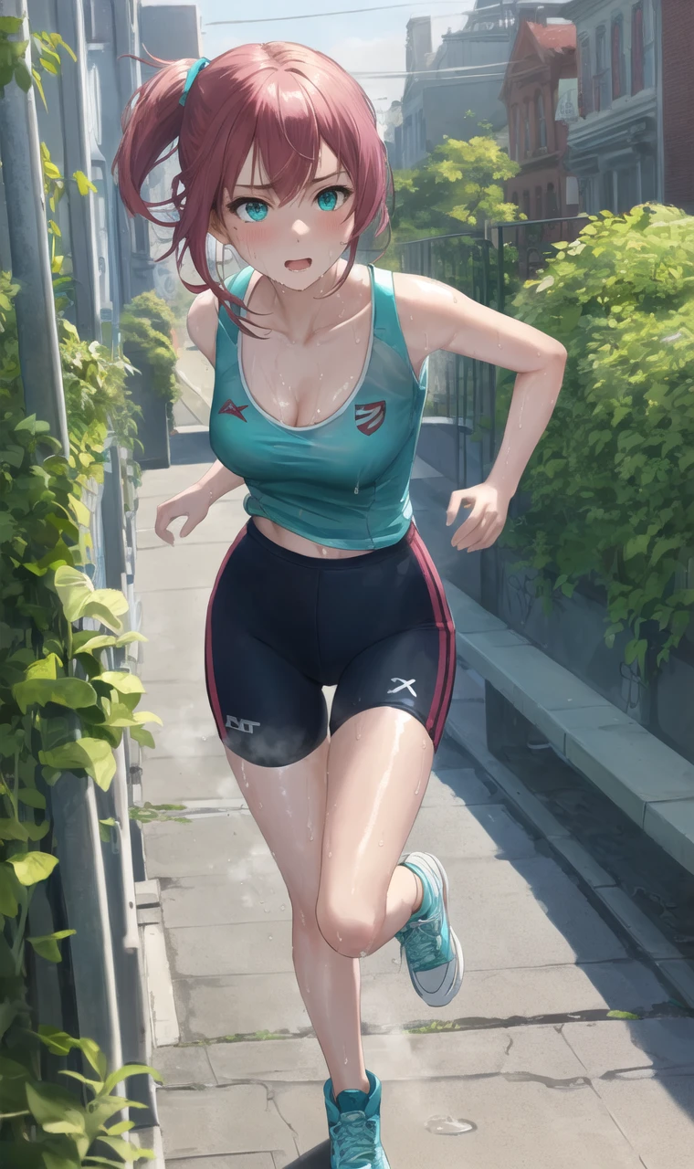 (1 girl), (aqua), (Edward Hopper:1.2), detailed cityscape, detailed background, (causal sportwear), (8k wallpaper), (best quality), (masterpiece), HDR, detailed modern town, sporty, cleavage, modern street, (wet floor:0.9), garden, (detailed eyes), plant, refraction, (glossy:1.2), (reflective:1.2), fluttered hair, lens flare, raytracing, steam, depth of field, summertime, (nsfw:1), standing pose, street view, (running), far shot, (sweating:1)
