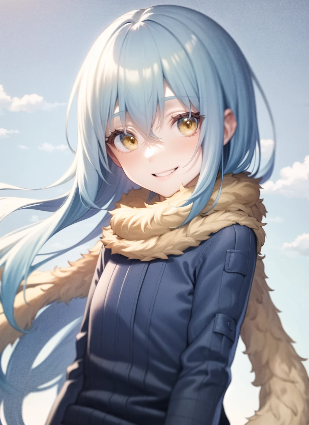 <lora:rimuru3-000007:1>, def1, upper body, smile, simple background, outdoors, sky, day,