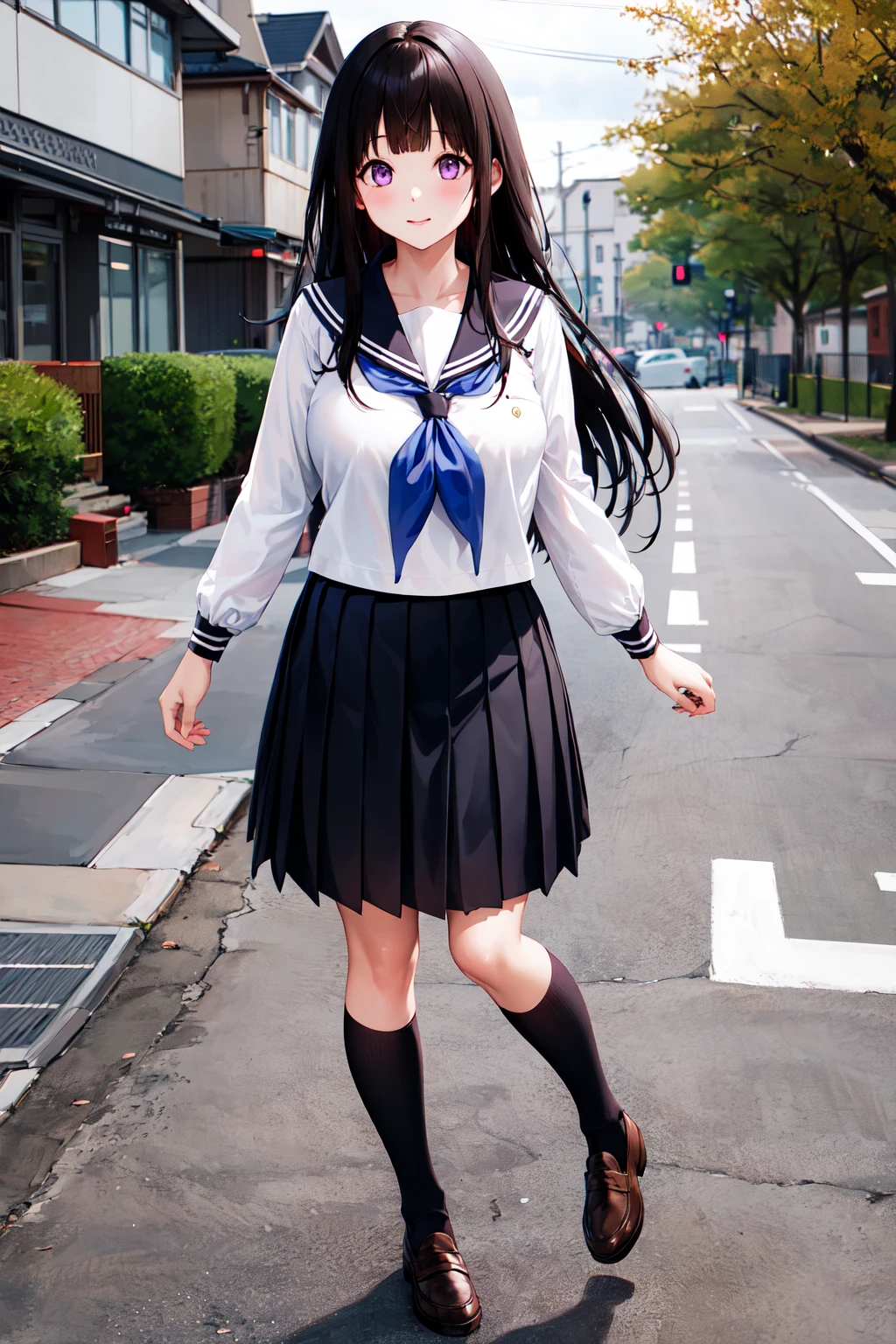 best quality, highres, 1girl, chitanda eru, long hair, school uniform, black hair, kamiyama high school uniform (hyouka), skirt, purple eyes, socks, serafuku, kneehighs, white socks, pleated skirt, sailor collar, shoes, bangs, black sailor collar, brown footwear, neckerchief, loafers, black skirt, long sleeves, large breasts, <lora:chitanda_eru_v10:0.6>