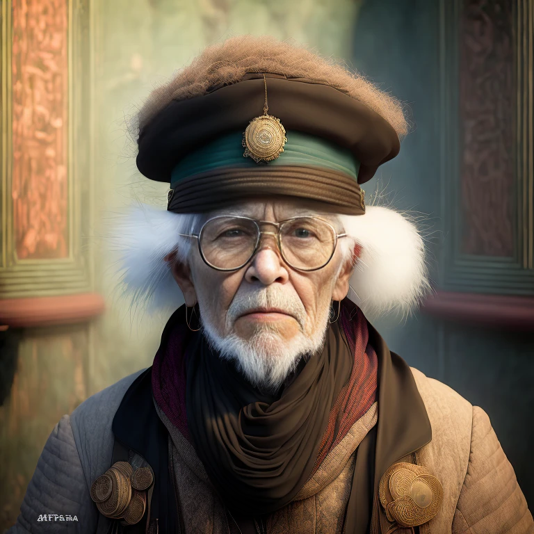 (Professional 3D rendering:1.3) of (steampunkgranny:1.0) style, upper body close-up portrait of an old man, 1boy, male focus, looking at the viewer, solo,red skin, black hair, talking, parted lips, glasses, (hat, colorful feathers), simple black background, realistic, surreal, steampunk, surrealsteampunkai,CGSociety,ArtStation