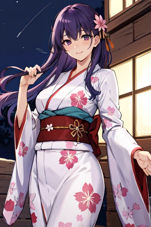 masterpiece, best quality, absurdres, perfect antomy, matou sakura, 1girl, solo, long hair, bangs, breasts, standing, cowboy shot, smile, blush, outdoors, night, kimono, flower print