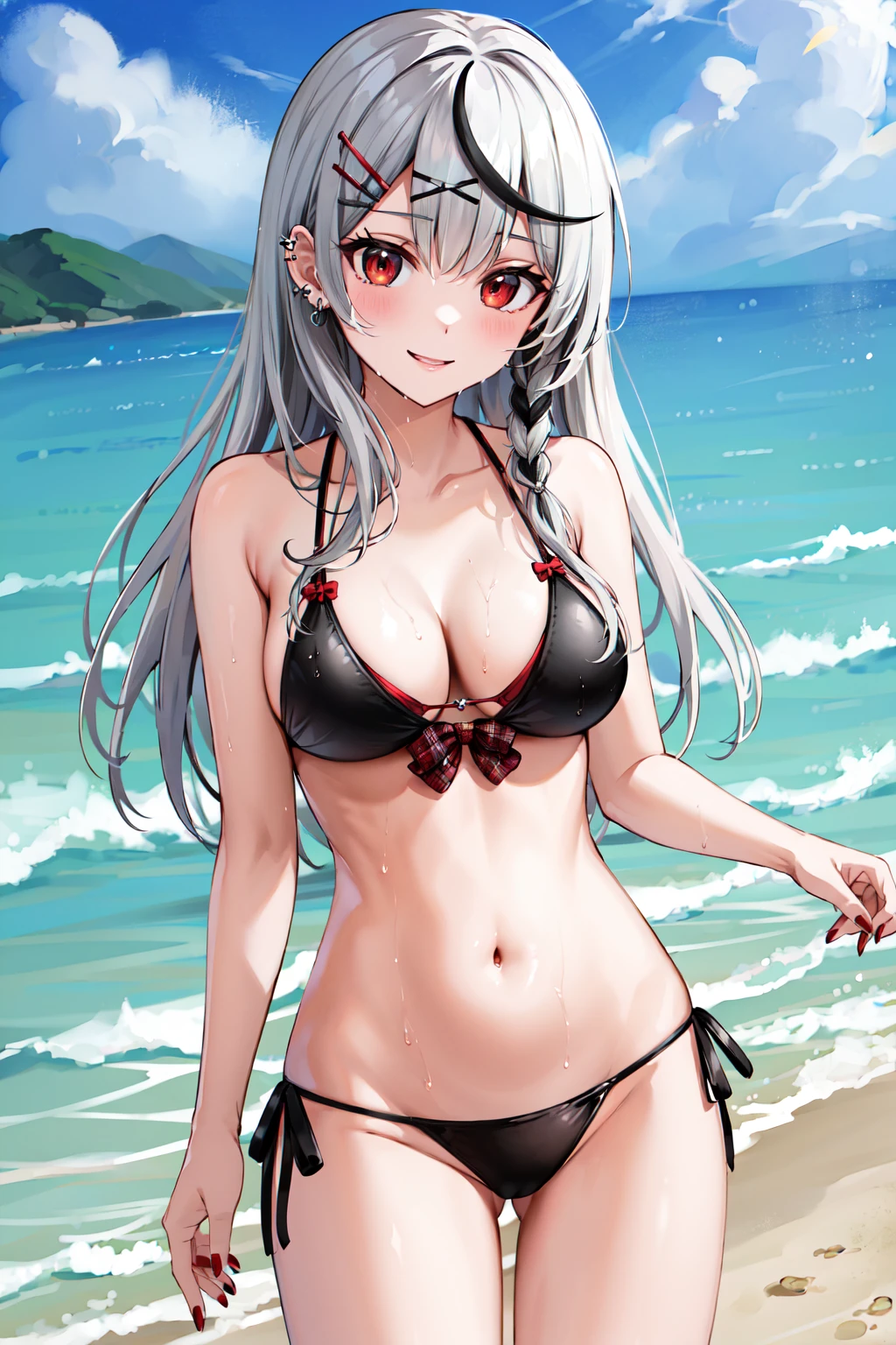 masterpiece, best quality, highres, 1girl, sakamata chloe, solo, medium breasts, navel, multicolored hair, red eyes, x hair ornament, black bikini, long hair, hair ornament, grey hair, streaked hair, black hair, braid, red nails, ear piercing, bangs, nail polish, hairclip, ahoge, string bikini, plaid bow, jewelry, <lora:sakamata chloe_v1:0.6>, cowboy shot, smile, beach, ocean, wet, water,