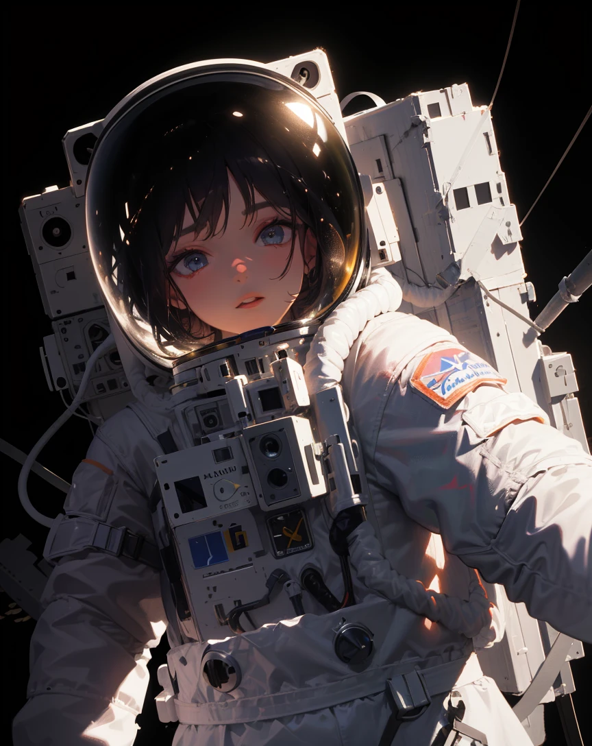 masterpiece,1girl,spacesuit, space helmet, backpack,gloves,space, simple background,[(black background:1.25)::5],,earth \(planet\),,Ray Tracing, power lines, light rays, astronaut,