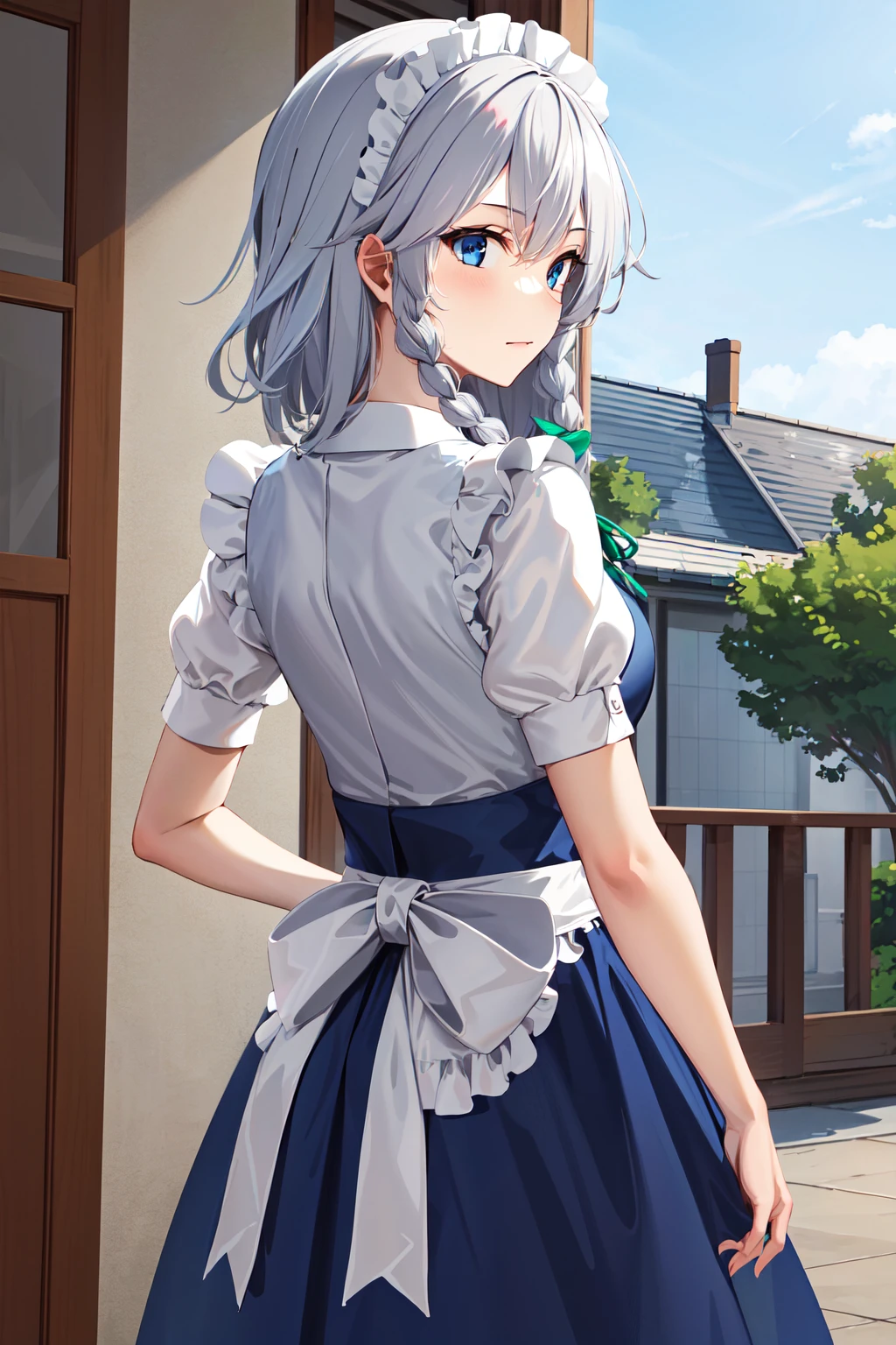 masterpiece, best quality, highres,  1girl, solo, sakuya1, izayoi sakuya, maid, blue eyes, grey hair, medium breasts, <lora:izayoi_sakuya_v1:0.7>, from behind,