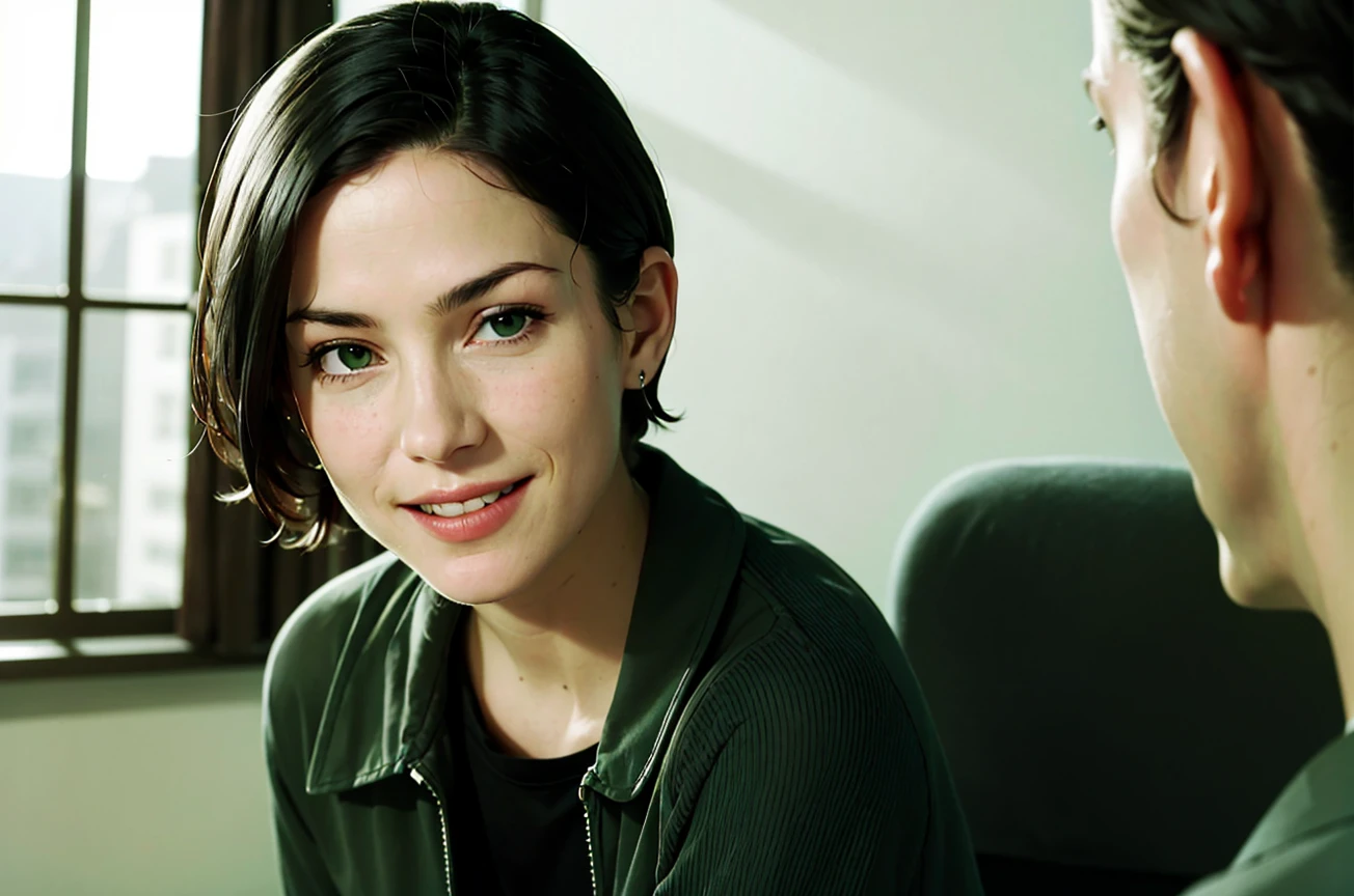 masterpiece, (photorealistic:1.5), realistic, best quality, beautiful lighting, professional lighting, film grain,
the matrix, blurry, smile, black hair, indoors, blurry background, realistic, 1boy, 1girl, teeth, looking at another, upper body, depth of field, short hair, female focus, jacket, window, green shirt, parted lips, real life insert, boy from behind, girl looking at viewer,
<lora:the_matrix_offset:1>
