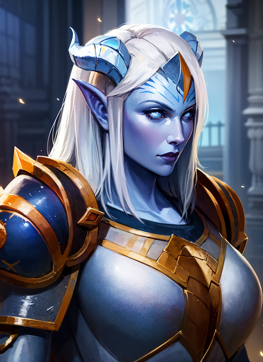 1girl, portrait of shedrn paladin, horns, heavy armor, pauldrons, cape, glowing eyes, white hair, blue skin, athletic,  particles, temple indoors, volumetric lighting, best quality, masterpiece, realistic, <lora:sxz-draenei:0.8>