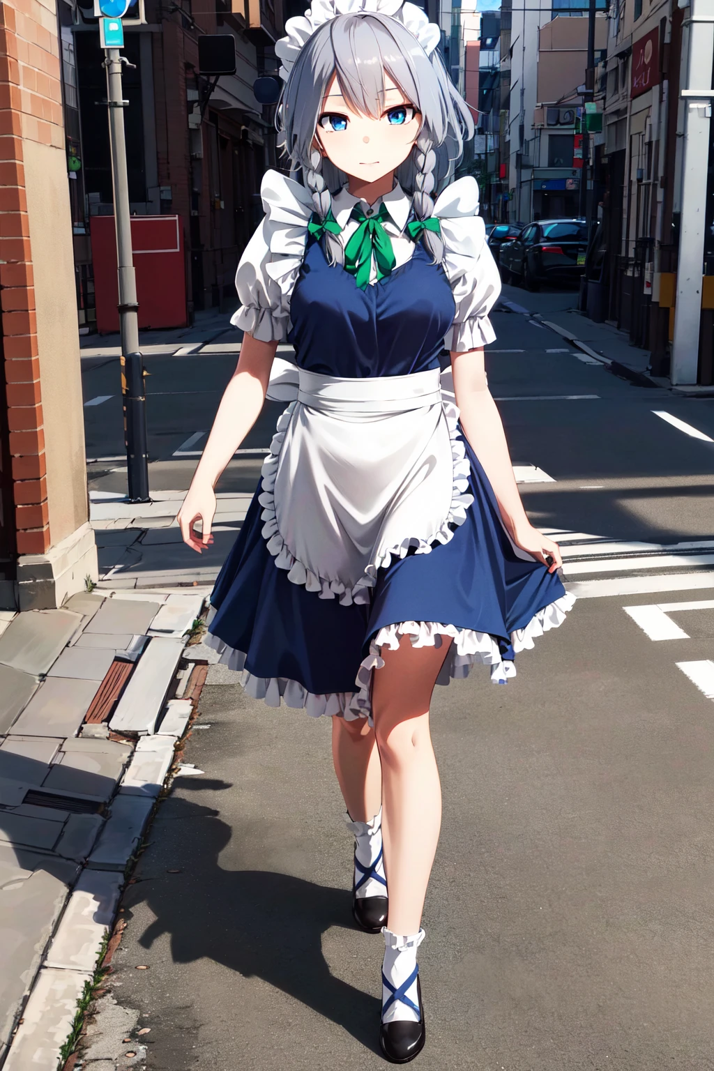 masterpiece, best quality, highres, 1girl, solo, sakuya1, izayoi sakuya, maid, blue eyes, grey hair, medium breasts, <lora:izayoi_sakuya_v1:0.8>, outdoors, walking,
