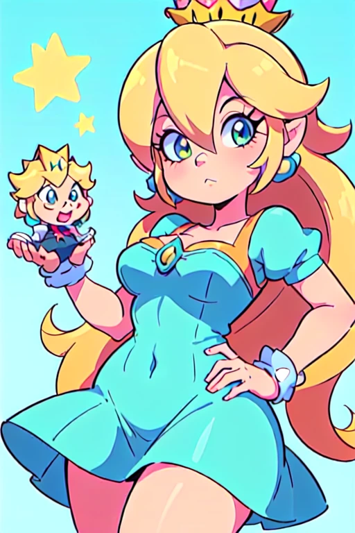 ((masterpiece, best quality)), (1girl),(((Rosalina (Mario)))), 80's style anime, chibi:1.5, (((court))), (:/),