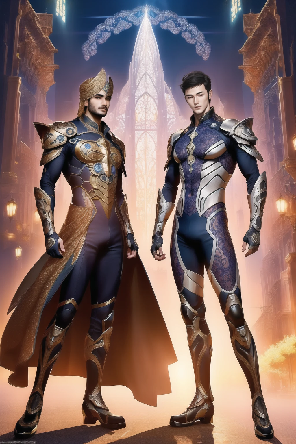 (photorealistic, masterpiece, detailed face, best quality, highres, 4k), Fantasy art style, astrological sign Gemini depicted through captivating male twin models with dualistic auras. Their sexy opposing appearances and skimpy clothing complement their two distinct personas, showcasing their versatility and charm.