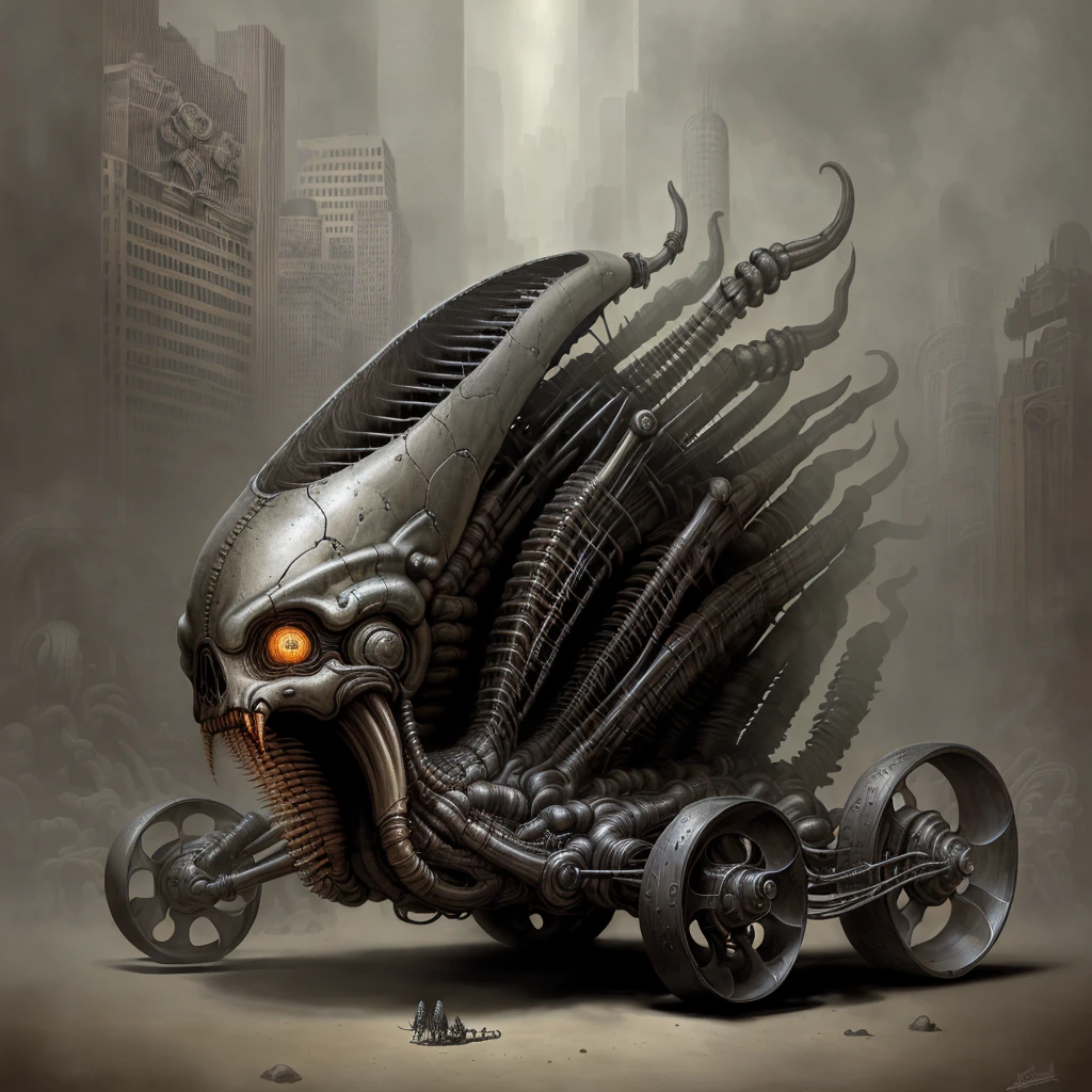 <lora:giger_8:1>  hrgiger,  old fashioned car , biomechanical