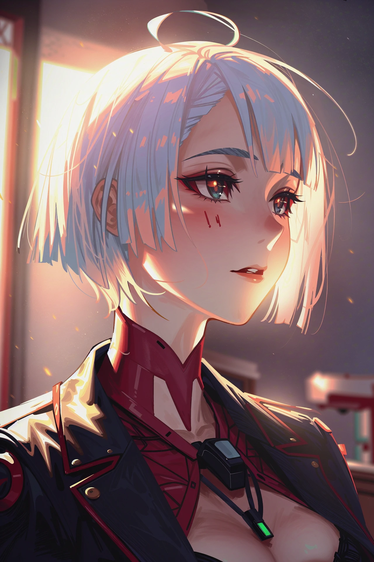 best quality, masterpiece, original, highres, illustration, best lighting and shadow, aesthetic wallpaper, amazing, beautiful, 1girl, solo, lucy \(cyberpunk edgerunners\), extremely detailed and beautiful face, white hair, bob cut, parted lips, sidelocks, gradient hair, outdoors, photorealistic