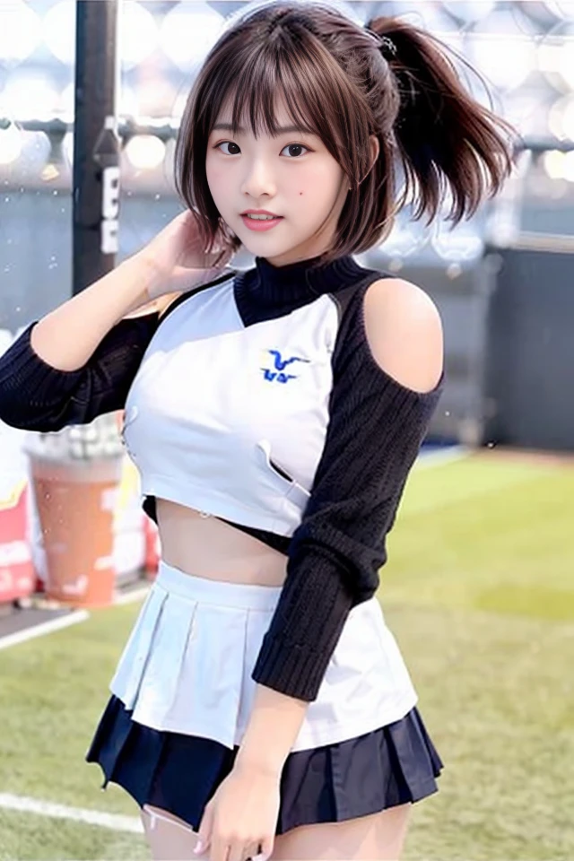 taiwanese, qunqun, cheerleader, (skin blemish:1), (skindentation), black eye, 1woman, 25yo, (((woman))), solo, realistic, best quality, photorealistic, masterpiece, 8k, high res, solo, extremely detailed face, (professional lighting, bokeh), (light particles, lens flare, glowing particles:0.6), (dynamic pose:1.2), soft lighting, top angle view, fashionable and trendy atmosphere, taiwan, stadium, rooftop, ((daytime)), ((looking at the viewer)), (looking at the camera),(portrait:0.6), cowboy shot, gorgeous, walking, keep original facial proportion, wide shoulder, full body, (medium breast), (medium hair), brown hair, floating hair, lips, lipstick, seductive smile, floating hair, smile, (sweater),sportwear, (jacket), (skirt), <lora:Qunqun:0.9>