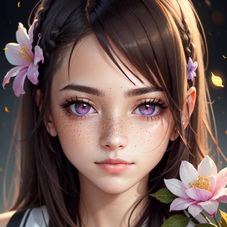 1girl, flowers, detailed, realistic, lighting, volumetric lighting, focus, deep purple, colorful, paint, illustration, masterpiece, pink eyes, glowing eyes, face focus, closeup shot, closeup, ((extreme details)), freckles, flower on hair