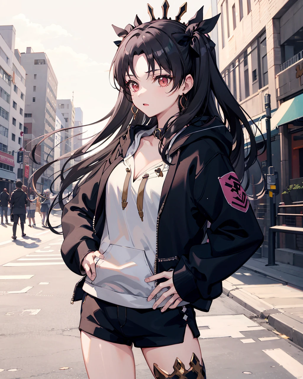 ishtar \(fate\), 1girl,solo,  <lora:IshtarV2:0.7>, cowboy shot, standing, hand on hip, single thighhigh,cleavage, black_hair,((hoodie:1.2)),outdoors,street,