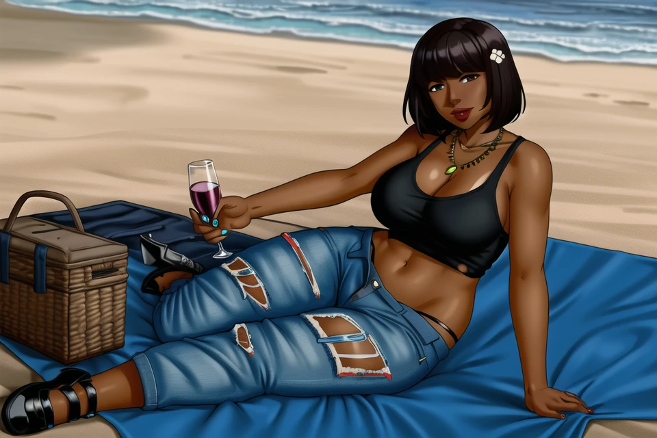 <lora:Shelter:.6>, sheltergame, masterpiece, best quality,1girl, solo, breasts, looking at viewer, short hair, bangs, large breasts, brown hair, shirt, black hair, hair ornament, cleavage, jewelry, sitting, underwear, full body, flower, shoes, pants, hair flower, dark skin, necklace, nail polish, black footwear, bra, mole, high heels, covered nipples, dark-skinned female, cup, lips, torn clothes, makeup, bob cut, tank top, bottle, denim, lipstick, tan, alcohol, drinking glass, blue nails, jeans, checkered blanket, yokozuwari, blue pants, spaghetti strap, strap gap, wine bottle, torn pants, high-waist pants, picnic basket, torn jeans,