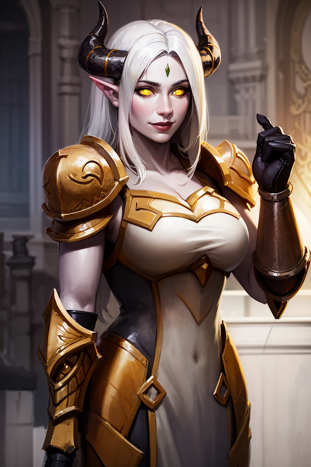 1girl, cowboy shot of shedrn paladin, smile, horns, grey skin, white hair, glowing yellow eyes, armored dress, pauldrons, athletic, temple indoors, volumetric lighting, best quality, masterpiece, realistic, <lora:sxz-draenei:0.7>