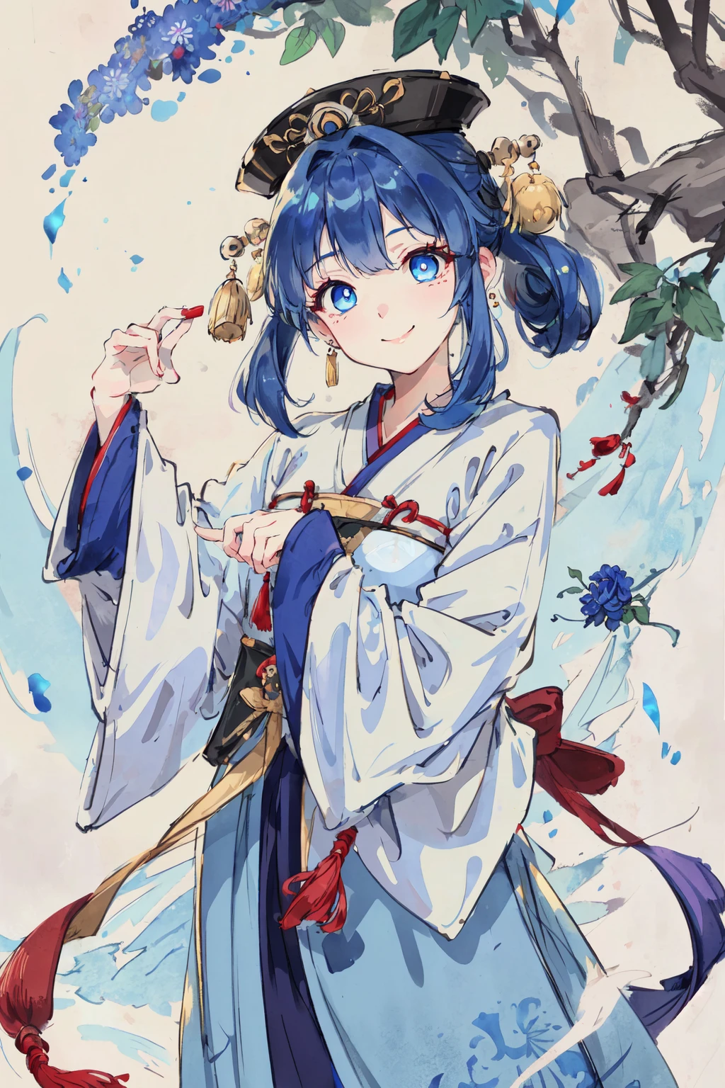 ru_qun, hanfu, best quality, masterpiece, extremely detailed, anime, 1girl, short girl, (blue hair, blue eyes:1.4), long hair, smile, tulle clothes, silk clothes, embroidery accessory, chinese knots, happy, smile, closed mouth, blue flower vines, gems, gold accessory, <lora:Hanfu Ruqun:0.7>