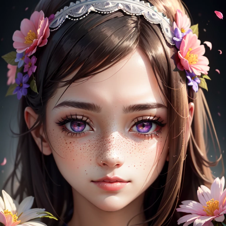 1girl, flowers, detailed, realistic, lighting, volumetric lighting, focus, deep purple, colorful, paint, illustration, masterpiece, pink eyes, glowing eyes, face focus, closeup shot, closeup, ((extreme details)), freckles, flower on hair