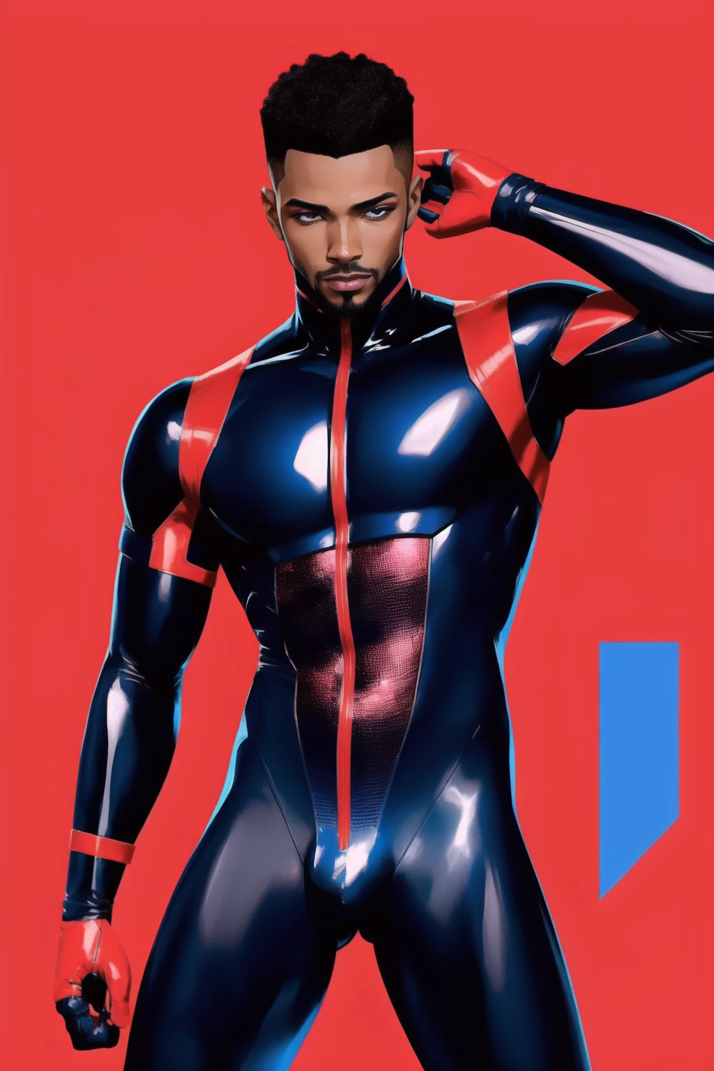 1boy, solo, yaoi, homoerotic, cyberpunk, gorgeous black man, bodysuit, solid red background, neon colors, pop art