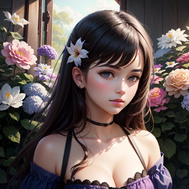 1girl, flowers, detailed, realistic, lighting, volumetric lighting, focus, deep purple, colorful, paint, illustration, masterpiece