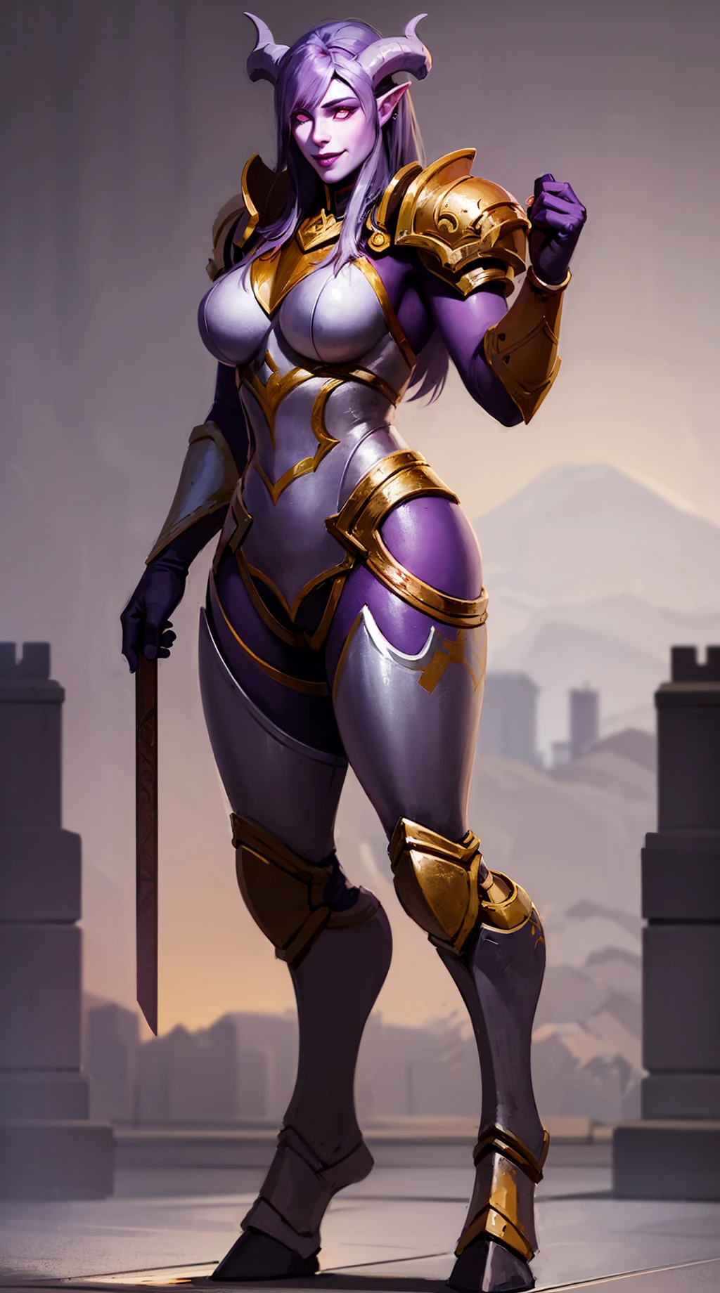 1girl, full body of shedrn paladin, smile, horns, purple skin, glowing yellow eyes, heavy armor, pauldrons, athletic, temple indoors, volumetric lighting, best quality, masterpiece, realistic, <lora:sxz-draenei:0.7>