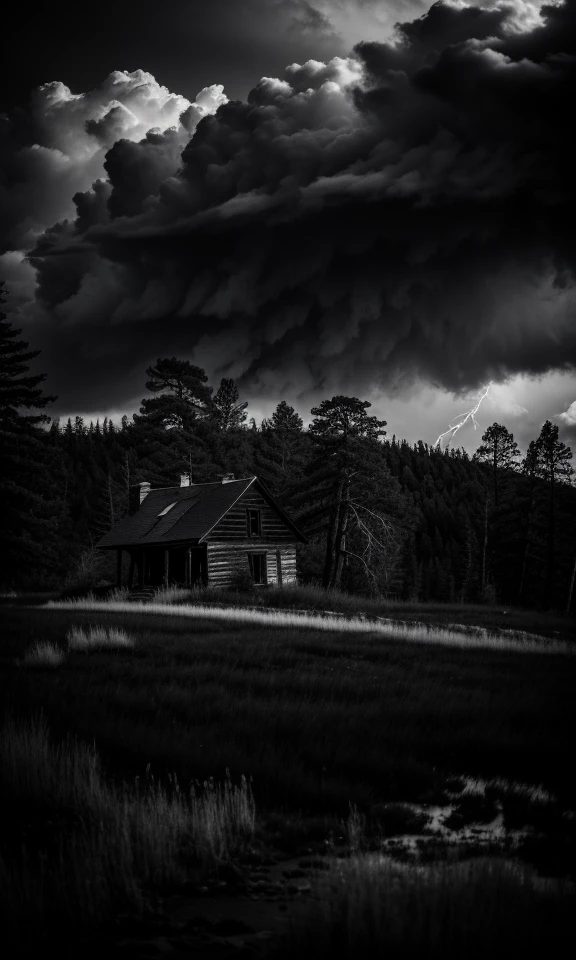 night, b&w photo of old house, post apocalypse, forest, storm weather, wind, rocks, 8k uhd, dslr, soft lighting, high quality, film grain, <lora:epiNoiseoffset_v2:1.5>