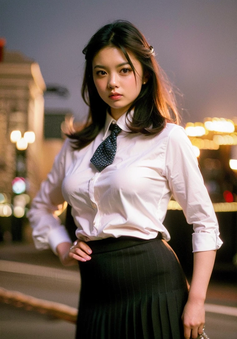 woman,solo,
city_night_lights,cityscape,
school uniform,pleated skirt,necktie,short hair, 
(looking_at viewer),
(legwear), hand on hip,
woman,parted lips,happy,
intricate,
(50mm Sigma f/1.4 ZEISS, F1.4, 1/800s, ISO 100, photography:1.1), shiny skin, skindentation,  <lora:zhaojinmai3:0.6> best_quality, ( photorealistic:1.4)