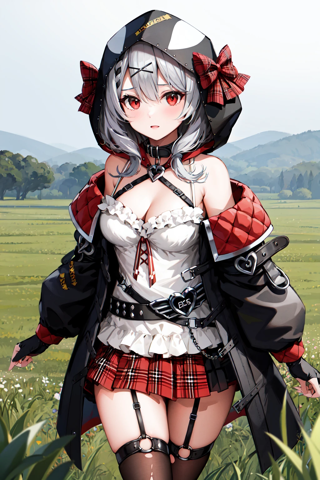 masterpiece, best quality, highres, 1girl, solo, red_eyes, sakamata chloe, garter straps, black fingerless gloves, torn thighhighs, grey hair, hair ornament, multicolored hair, plaid skirt, streaked hair, cleavage, x hair ornament, black hair, red skirt, black collar, white camisole, medium breasts, miniskirt, pleated skirt, black thighhighs, braid, white shirt, black_belt, medium hair, black jacket, plaid_bow, hood_up, long sleeves, off shoulder, <lora:sakamata chloe_v1:0.6>, field, walking,