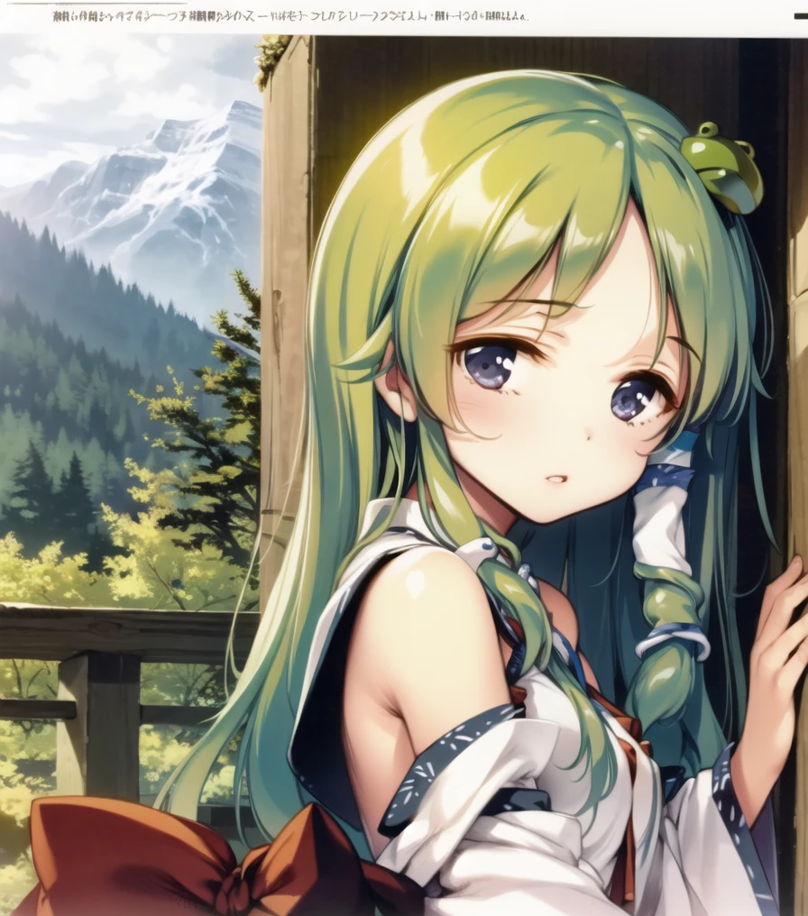 solo, <lora:ke-ta-15:1.01>, kochiya sanae, mountain, 1girl