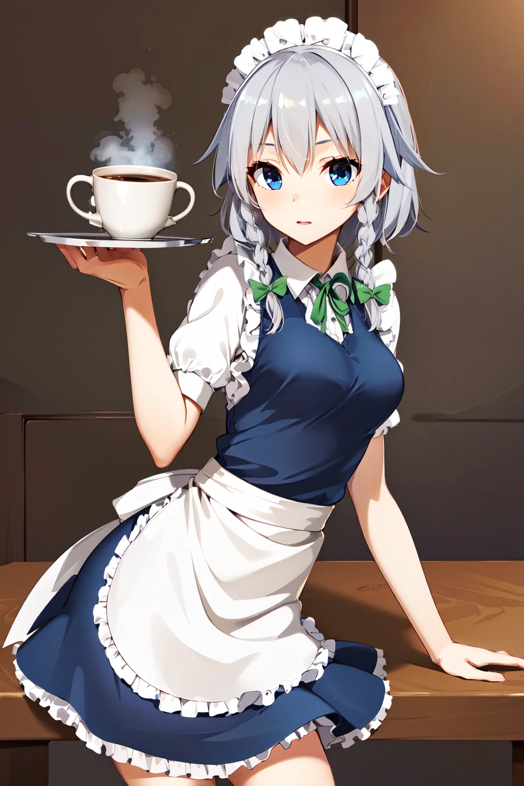 masterpiece, best quality, highres, 1girl, solo, sakuya1, <lora:izayoi_sakuya_v1:0.8>, maid, blue eyes, grey hair, medium breasts, holding tray, coffee,