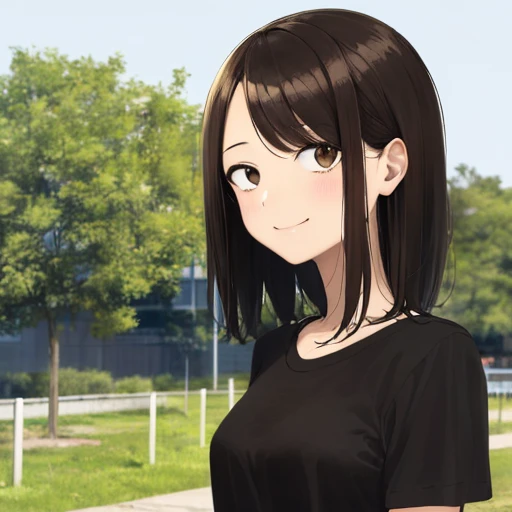 <lora:sanpaku-eye:1.2>,masterpiece,high quality, sanpaku,1girl, looking at viewer, brown eyes, black hair, t-shirt, outdoors, smile