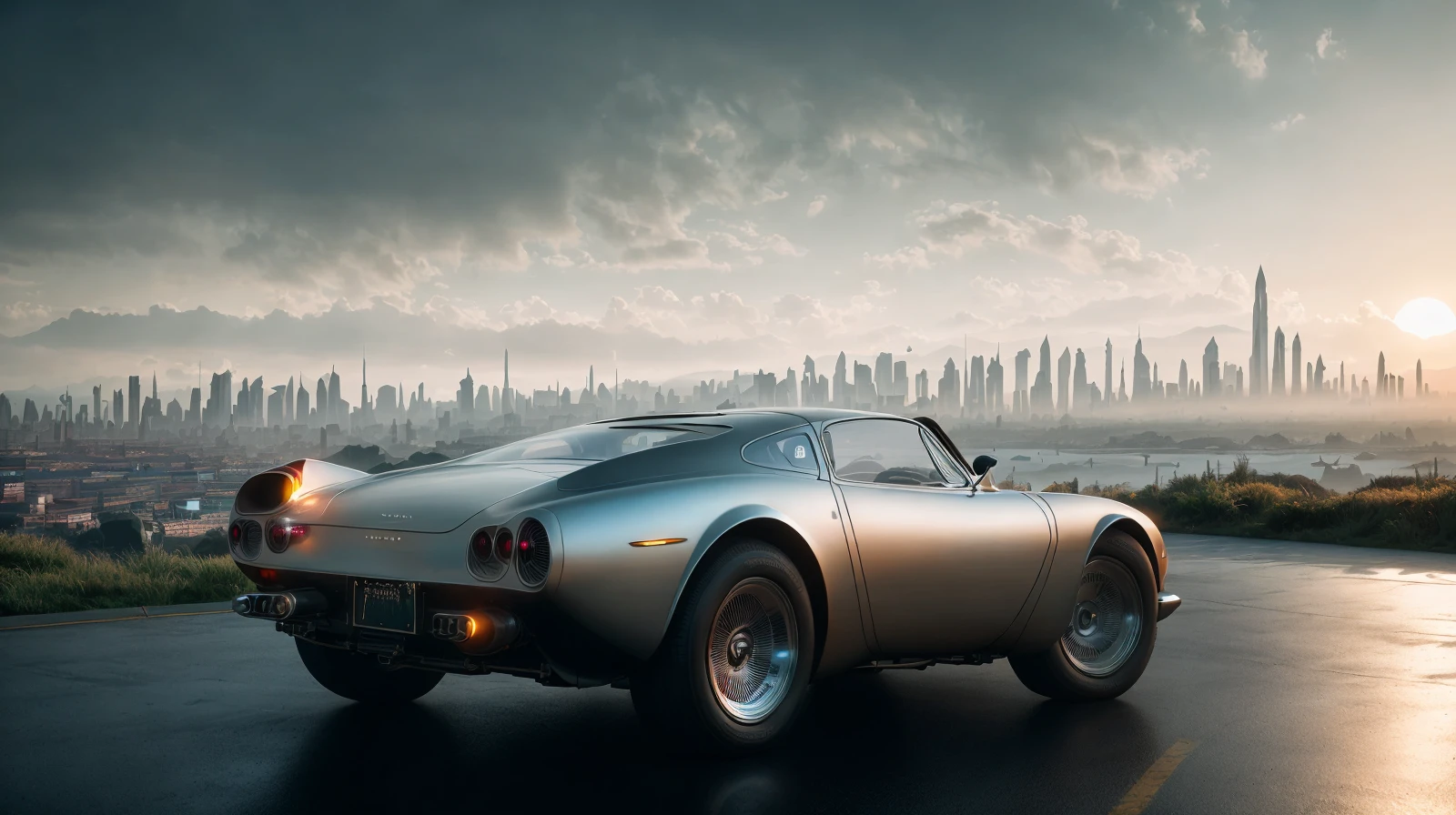 abstract colors, texture, film grain, skin pores:0.2 intricate dramatic portrait of a beautiful (windblown)1.2 (1950s retrofuturism)1.1 scifi hover car james bond classic muscle car delorean flying over a futuristic (solarpunk)1.2 city, foggy morning, cinematic movie still frame, blade runner 2049, altered carbon, (analog style)1.3 (film grain)1.3, stephan martiniere Wadim Kashin Simon Stalenhag michal karcz ismail inceoglu