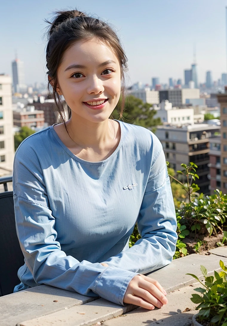 realistic, beautiful female,pony tail, 
 long sleeves, shirt,jeans,sitting,outdoors,ivy,table,cityscape,glass,  , looking at viewer, 
office,(parted lips:1:1), (light_smile),
shiny skin, skindentation  <lora:ZhaoJinmai-3.5:0.65>,