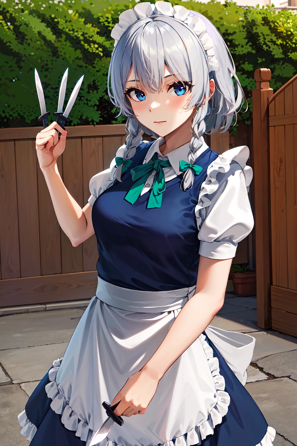 masterpiece, best quality, highres,  1girl, solo, sakuya1, izayoi sakuya, <lora:izayoi_sakuya_v1:0.8>, maid, blue eyes, grey hair, medium breasts, knife, outdoors,