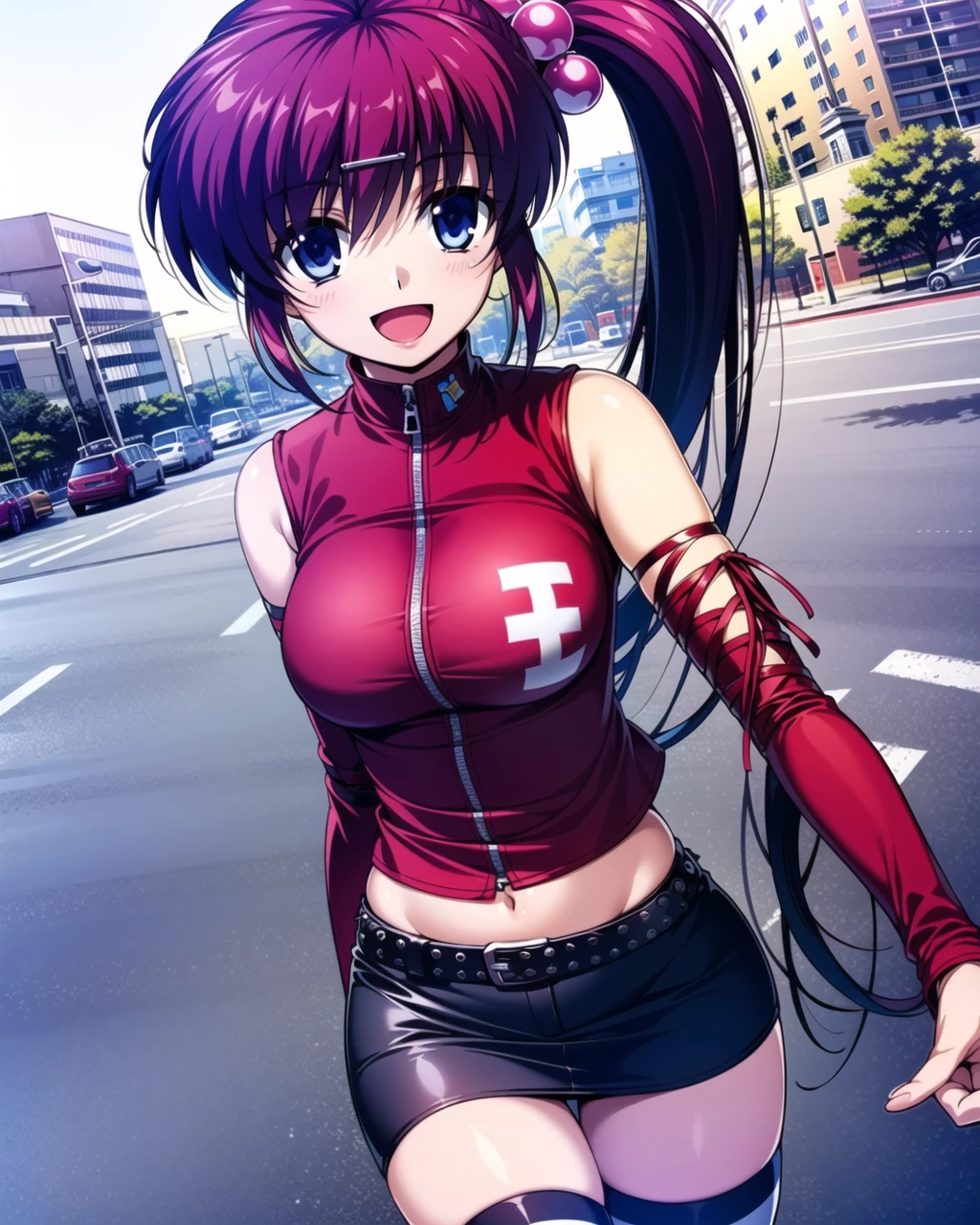 ((masterpiece)), ((best quality)), ((highres)), ((extremely detailed CG unity 8k wallpaper)), solo, <lora:saigusa haruka-000005:1>, saigusa haruka, striped stockings, black and white stripes, long hair, red crop top, red sleeves, exposed shoulders, black miniskirt, studded belt, city streets, smile, open mouth