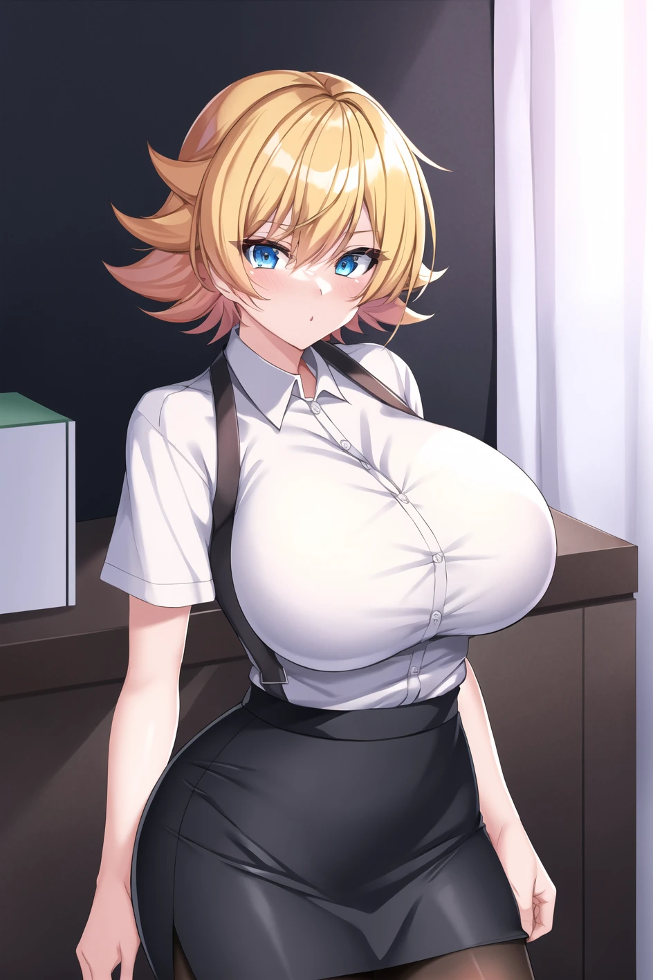 masterpiece, best quality, igawa, huge breasts, flipped hair, hair between eyes, blue eyes, blonde hair, white shirt, pencil skirt, black skirt, office lady, pantyhose, cowboy shot, looking at viewer, indoors, office