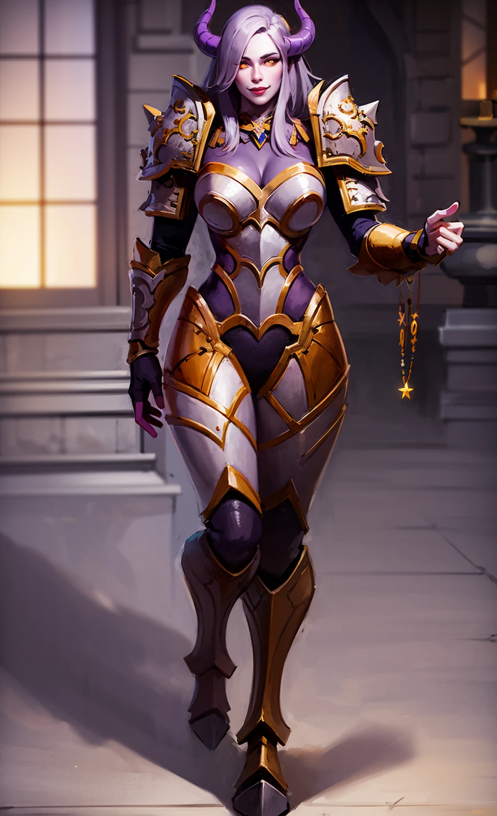 1girl, full body of shedrn paladin, smile, horns, purple skin, glowing yellow eyes, heavy armor, pauldrons, athletic, temple indoors, volumetric lighting, best quality, masterpiece, realistic, <lora:sxz-draenei:0.7>