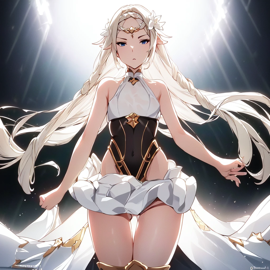 <lora:e7 Iseria:1> e7 Iseria, bare shoulders, very small breasts, flat chest, white over black leotard with white skirt, perfect eyes,
(masterpiece), best quality, highres, 4k, 8k, Detailed Illustration, intricate detail, cinematic lighting, amazing quality, 1girl, fit female, amazing shading, soft lighting, facing camera