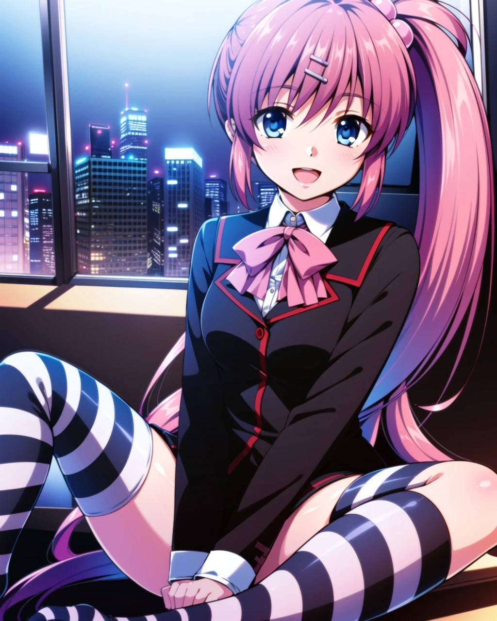 ((masterpiece)), ((best quality)), ((highres)), ((extremely detailed CG unity 8k wallpaper)), solo, <lora:saigusa haruka:1>, saigusa haruka, blue eyes, pink hair, side ponytial, long hair, striped stockings, black and white stripes, city, black uniform with red trim and pink bow, smile, open mouth,