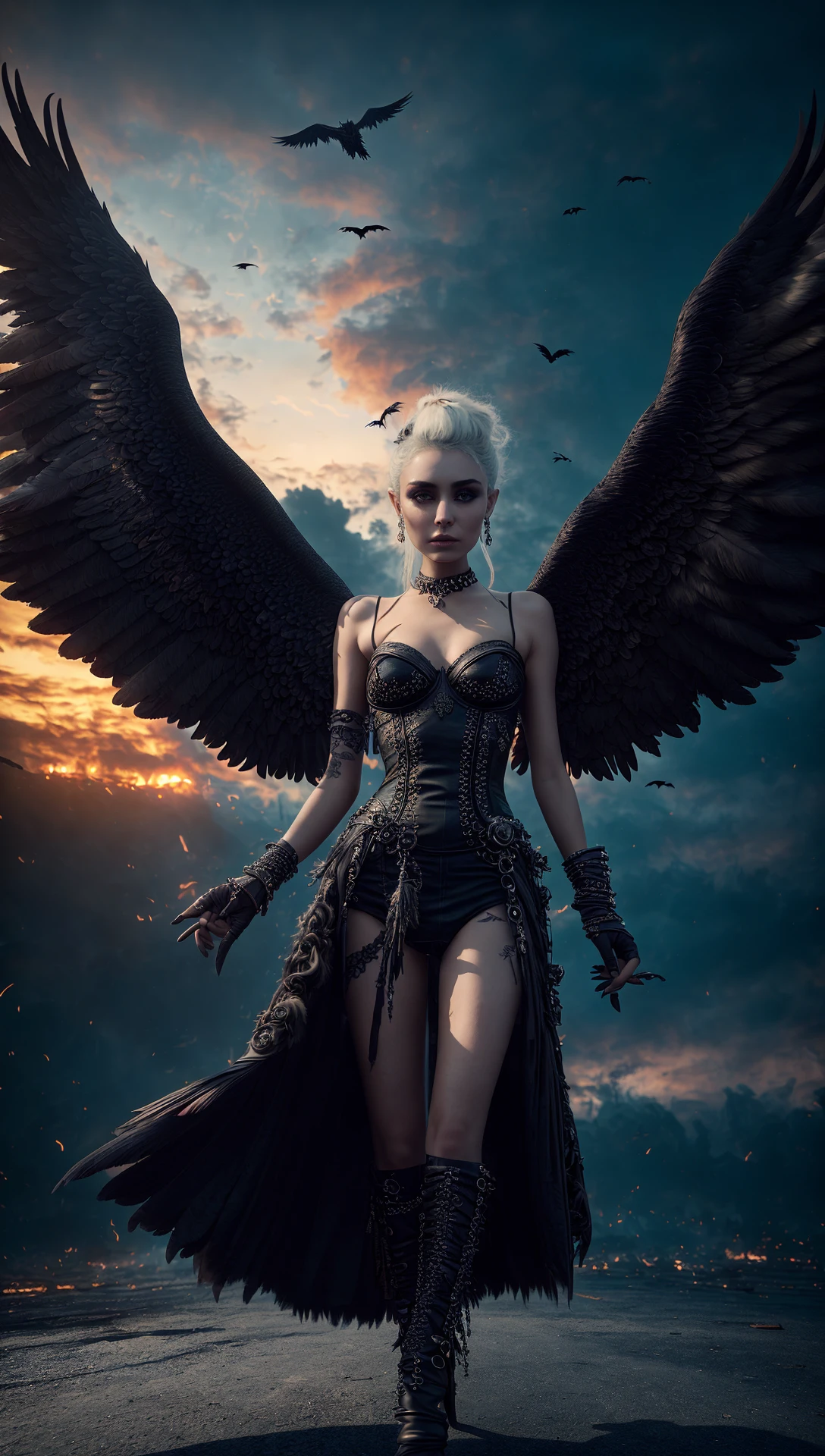 abstract colors, texture, film grain, skin pores, fiery atmospheric haze, vignetting:0.2 intricate hasselblad dslr RAW dramatic portrait photo of an evil gothic angel with (flaming huge black feathered ravens wings)1.2, horned demon queen wearing an ornate gothic dress, leg slit, (eyeliner)1.2, (flying)1.4 over a dusty (wasteland junkyard)1.2 fiery hellscape, petite ciri audrey hepburn emily browning yvonne strahovski harley quinn, punk (platinum blonde)1.3, (gritty apocalyptic stormy sunset backlit)1.3, (freckles)1, analog style eye contact selfie, (film grain)1.3