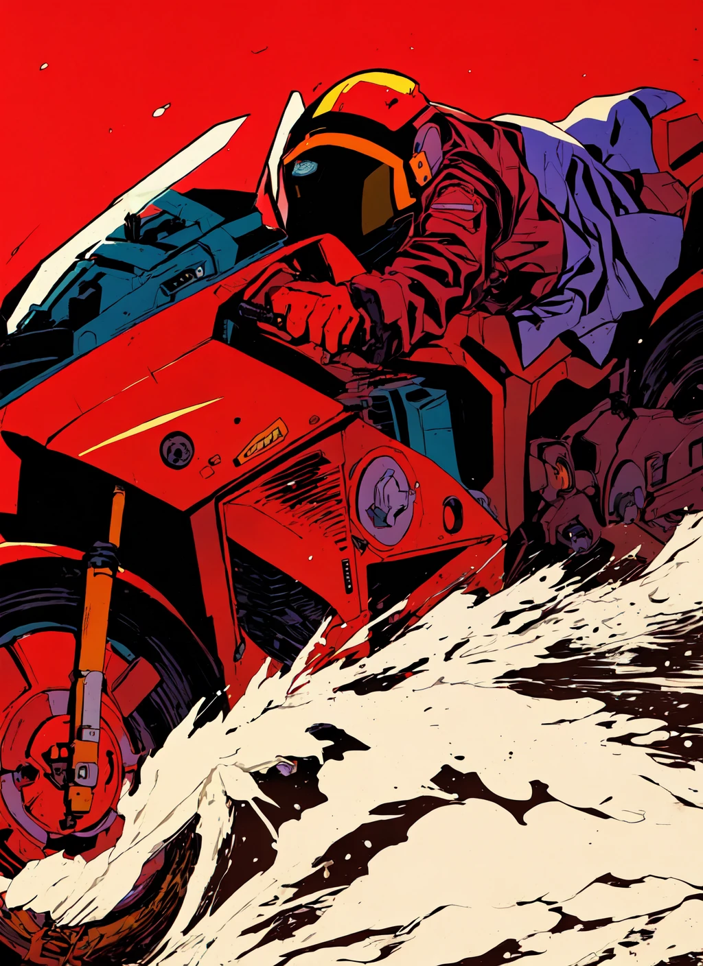 1girl, dress, jacket, rain, car, decepticon, ground vehicle, helmet, mecha, motor vehicle, motorcycle, on motorcycle, retro artstyle, vehicle focus, wheel, red background <lora:waifu_on_Motorcycle_v2:0.8>, Masterpiece, best quality