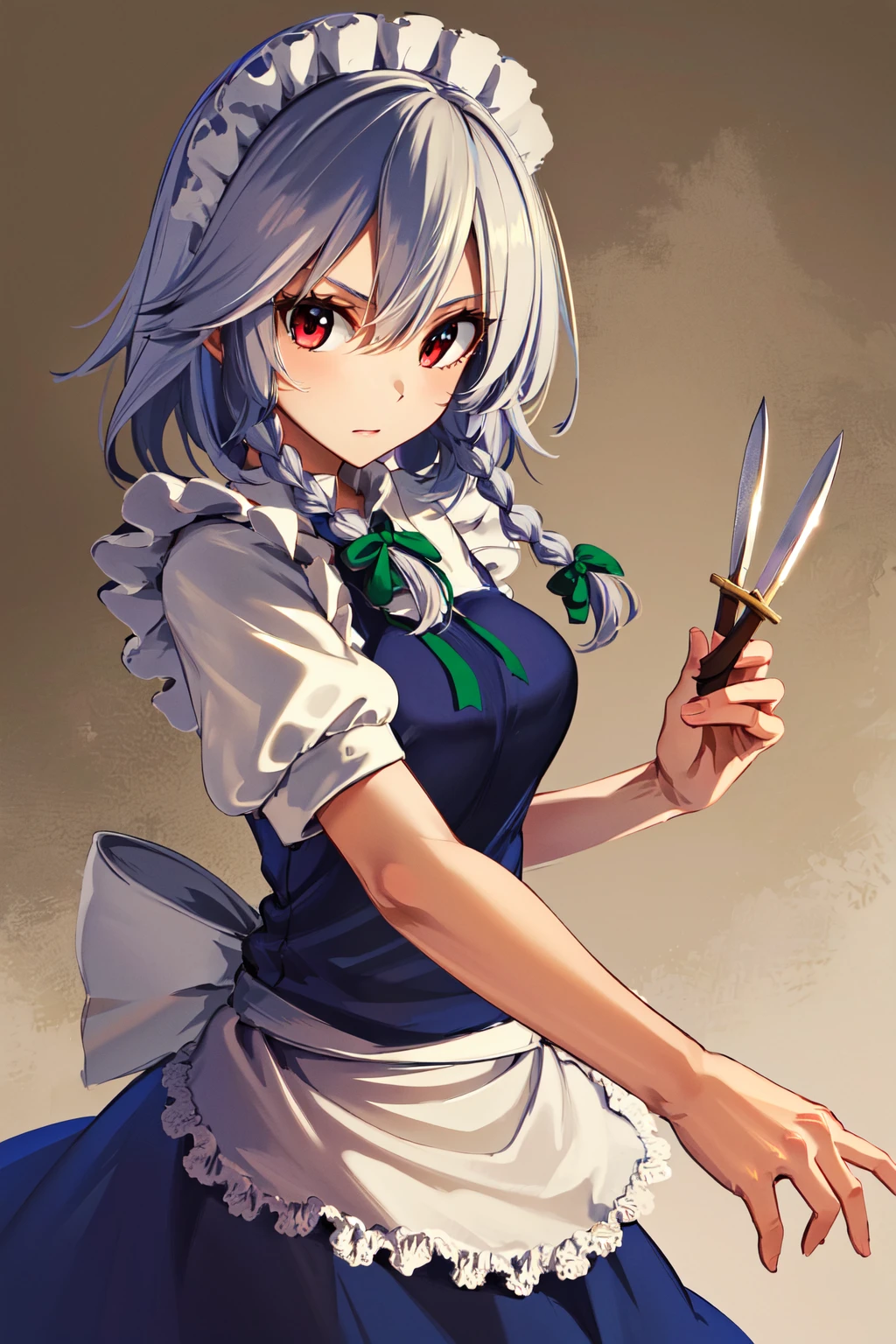 masterpiece, best quality, highres,  1girl, solo, sakuya1, <lora:izayoi_sakuya_v1:0.8>, maid, apon, greyt hair, medium breasts, knife