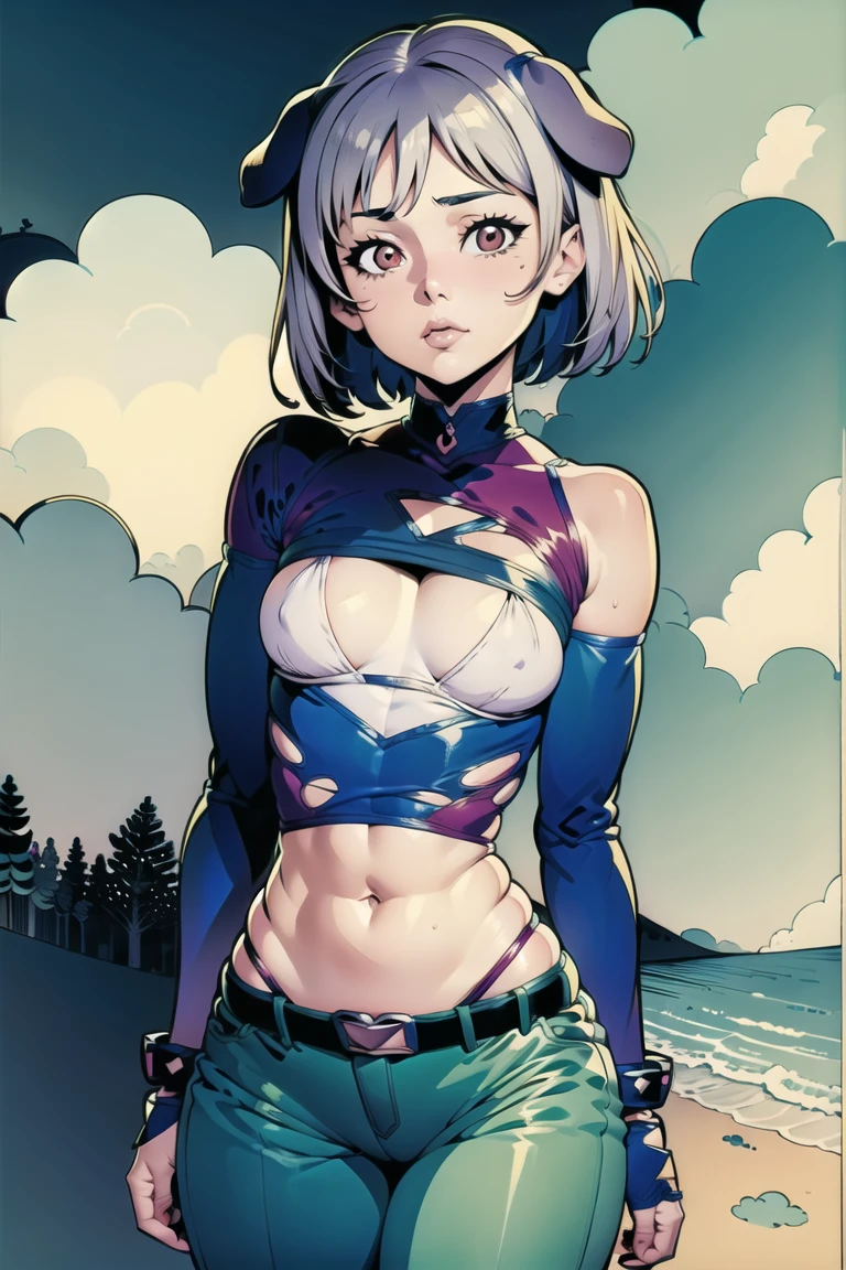 girl,(dog:1.3), Wind,Forest Background,Plus Size,Flat Breasts,Standing in an s-shape,Very Short Hair,Pageboy,silver Wrap Top,beige Torn Jeans,love live school idol project,Sexy Armor, stomach cutout ,(masterpiece,detailed,highres:1.4) <lora:AniShaded:0.8>