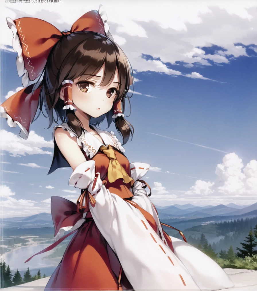 solo, <lora:ke-ta-15:1.01>,  mountain, 1girl,  hakurei reimu, brown hair,