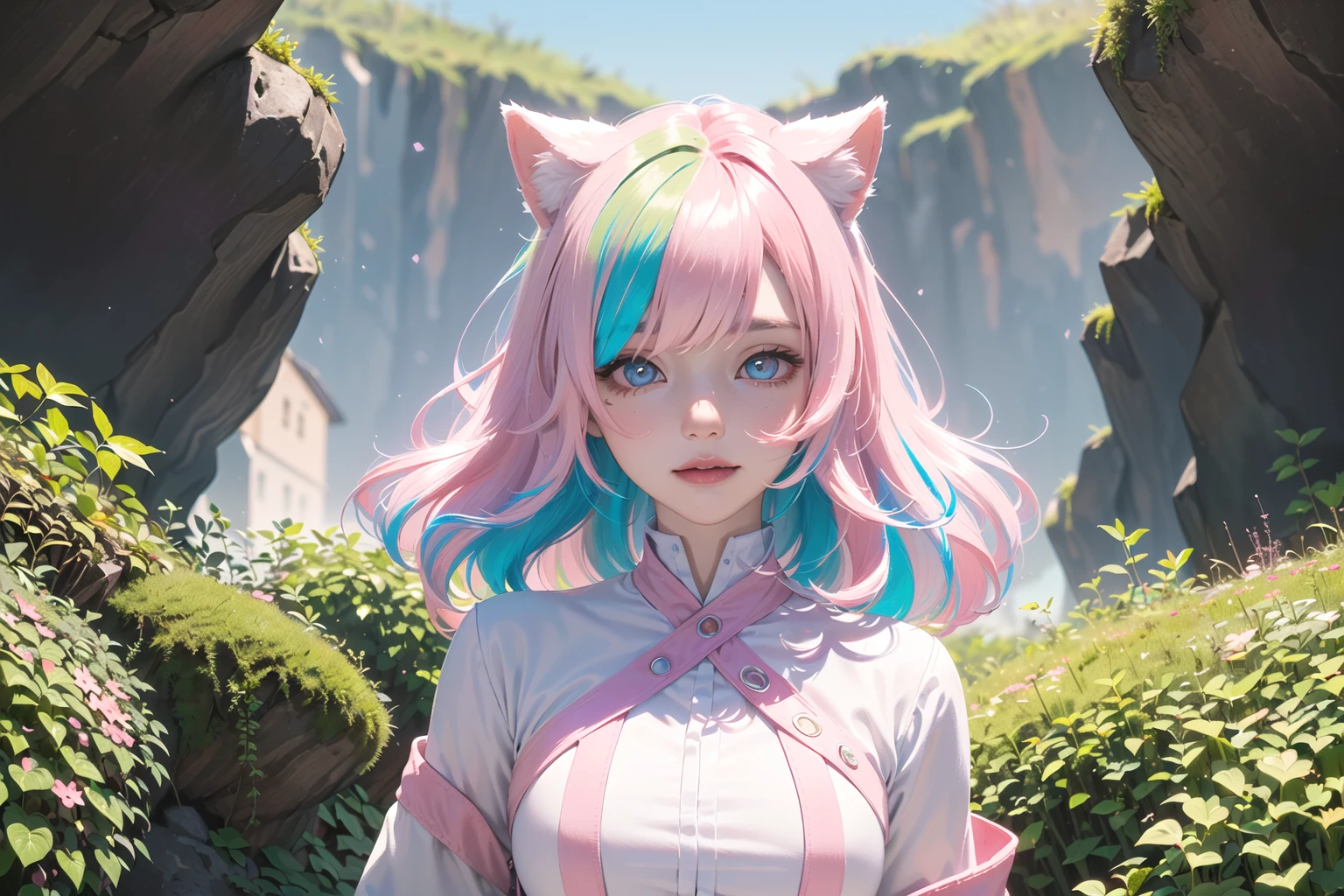 Anime girl with pink and blue hair and cat ears in a forest - SeaArt AI
