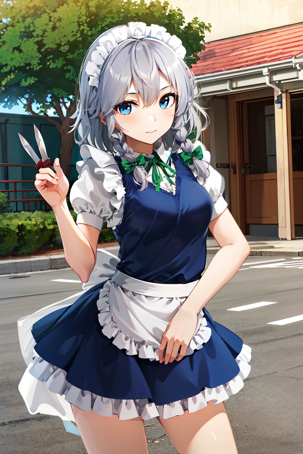 masterpiece, best quality, highres,  1girl, solo, sakuya1, izayoi sakuya, <lora:izayoi_sakuya_v1:0.8>, maid, blue eyes, grey hair, medium breasts, knife, outdoors,