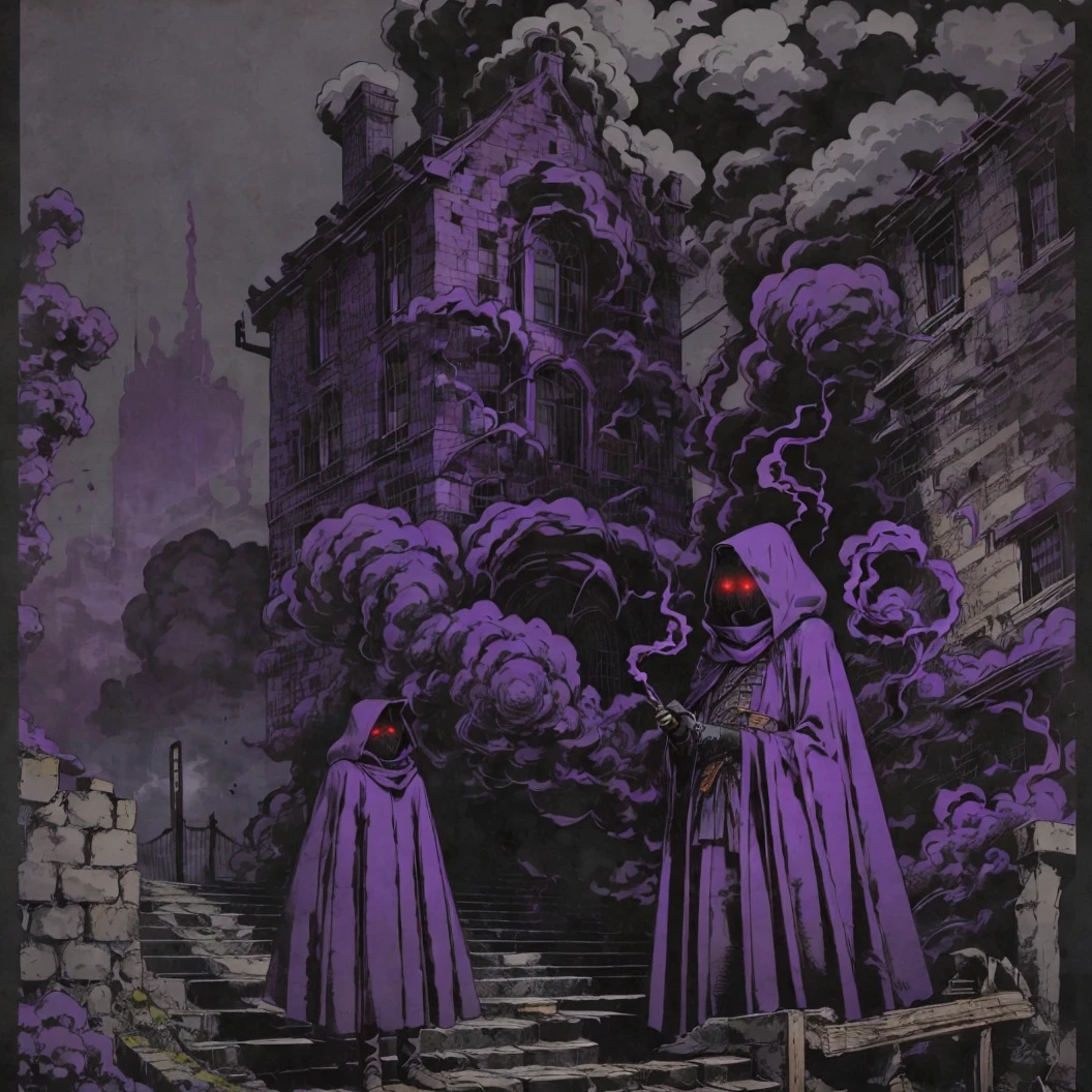 <lora:fantasyV1.1:1> a purple and black poster with a person in a cloak standing in front of a building with smoke coming out of it, Aya Goda, purple, a screenprint, sots art